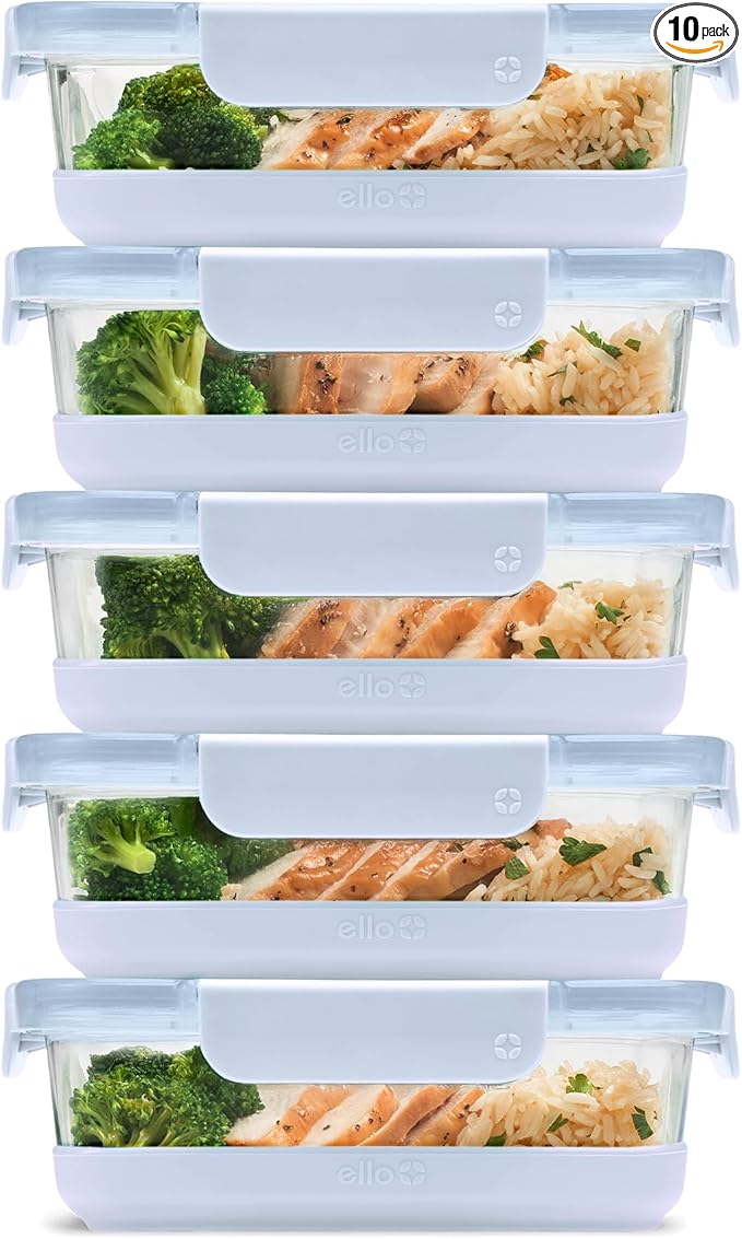 Ello Duraglass 3.4 Cup Meal Prep Sets 10Pc, 5 Pack Set- Glass Food Storage Container with Silicone Boot and Airtight BPA-Free Plastic Lids, Dishwasher, Microwave, and Freezer Safe, Halogen Blue