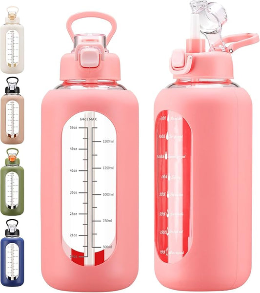64 oz Glass Water Bolttles with Straw Half Gallon Large Motivational Water Bottle with Time Marker Sports Water Bottles with Silicone Sleeve and Handle Lid Water Jug for Gym Workout