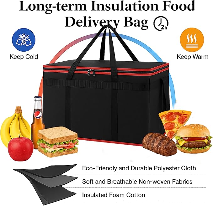 Bodaon 2-Pack Insulated Food Delivery Bag, XXXL Grocery Shopping/Catering/Pizza Cooler Bags, Thermal Cold/Hot Styrofoam Carrier for Shopping/Travel/Doordash/Catering/Car, Dashers Door Dash Accessories