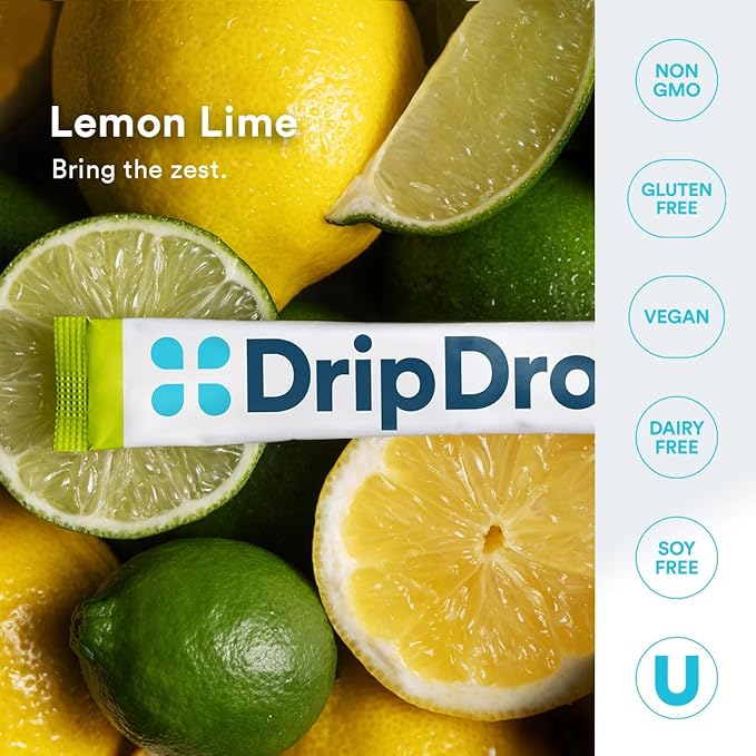 DripDrop Sugar Free Hydration Packets - Zero Lemon Lime - Single Serve Electrolytes Powder Drink Mix - Non-GMO, Gluten Free, Vegan - 32 Sticks