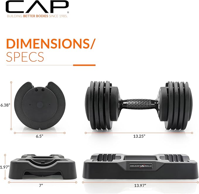 CAP Barbell ADJUSTABELL Adjustable Round Dumbbell Weights - Singles & Pairs | 12.5 lb, 25 lb & 55 lb | Multiple Handle Options