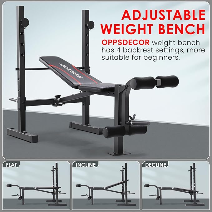 OPPSDECOR Weight Bench Set, Multi-Function Adjustable Bench Press with Squat Rack Leg Extension & Leg Curl Workout Bench Foldable Workout Bench Flat/Incline/Decline Upgrade Weight Benches for Home Gym