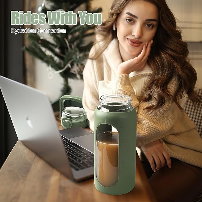 BLUEGO 64oz Glass Water Bottle with Handle and Straw, Motivational Sports Water Bottle with Time Marker and Silicone Sleeve Leakproof Drinking Bottle for Travel Gym Workout, Olive