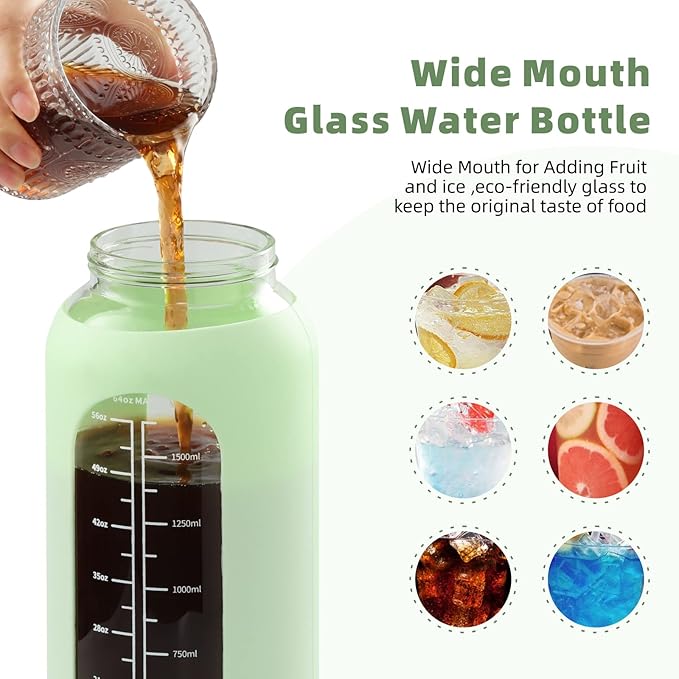 SIEROZUR 74oz Glass Water Bottle with Straw and Lid Large Gallon Water Jug with Silicone Sleeve and Handle 2.2 liter Wide Mouth Bottle with Time Marker for Gym Sports& Workout