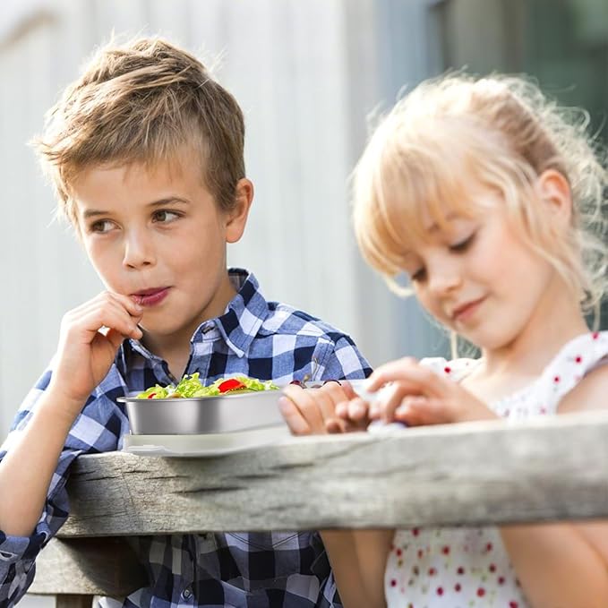 Stainless Steel Snack Containers for Kids Adults, 4 Pack 2 Compartment Metal Snack Containers Box with Lid, Reusable Food Storage Container, Leak Proof, Grab and Go