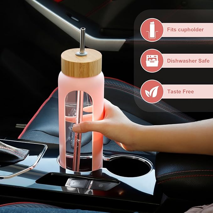 32 oz Glass Water Bottles - 1 Liter Motivational Tumbler Water Bottle Time Marker - Borosilicate Glass Water Bottle With Silicone Sleeve and 2 Lids, Handle Spout & Bamboo Straw Lid