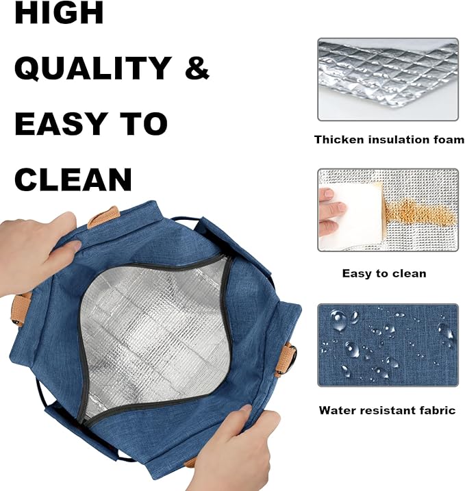 Joymee Lunch Bag Women Insulated Lunch Box with Adjustable Shoulder Strap Large Reusable Adult Lunch Box Lunch Tote Lunch Bag with Water Bottle Holder and Side Pockets for Work-Navy Blue