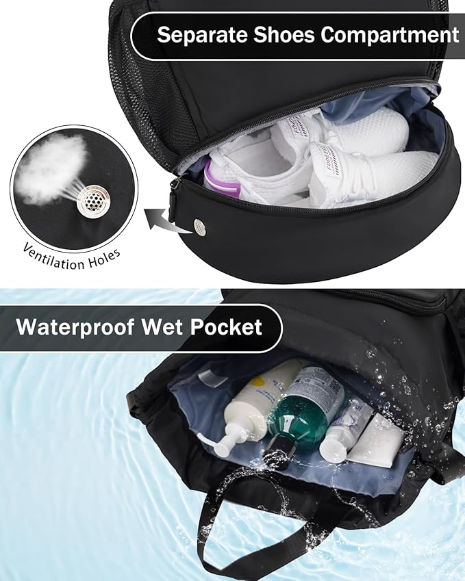 Drawstring Backpack Gym Backpack with Shoe Compartment for Men Women String Sports Bag with Wet Pocket Cinch Swim Beach Bag, Black (Patent Pending)