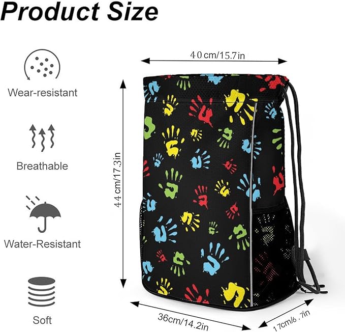 Hand Print Drawstring Backpack Gym Bag With Shoe Compartment String Bag Sport Beach Swimming Sackpack For Women Men