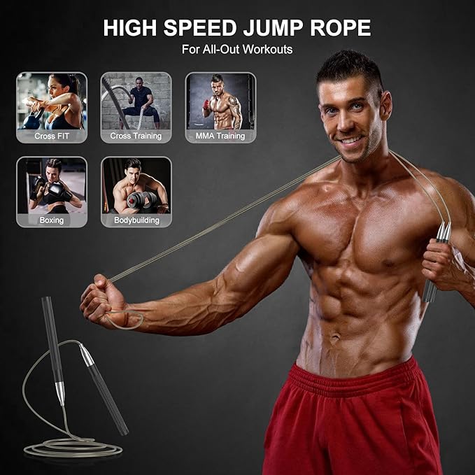Speed Jump Rope for Men Women, Fitness Skipping Rope with Aluminium Handle and 2 Ropes, Self-Locking Design Adjustable Jumping Rope for Adult Workout Boxing