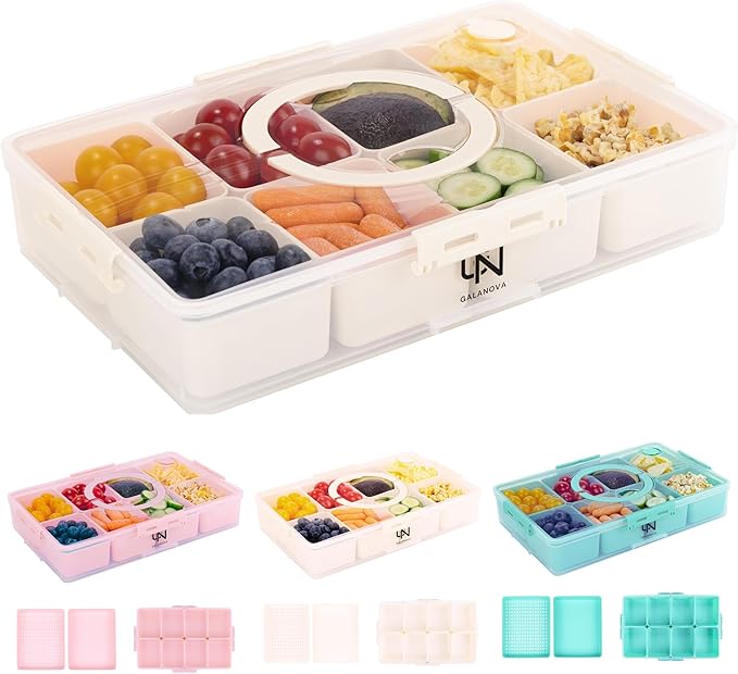 Snackle Box Container - 10 Compartments Including 2 XL, Dishwasher & Microwave Safe, Divided Serving Tray with Lid and Handle, BPA-Free, snack box (1 PCS, White, 1 Box with 2 XL Compartments)