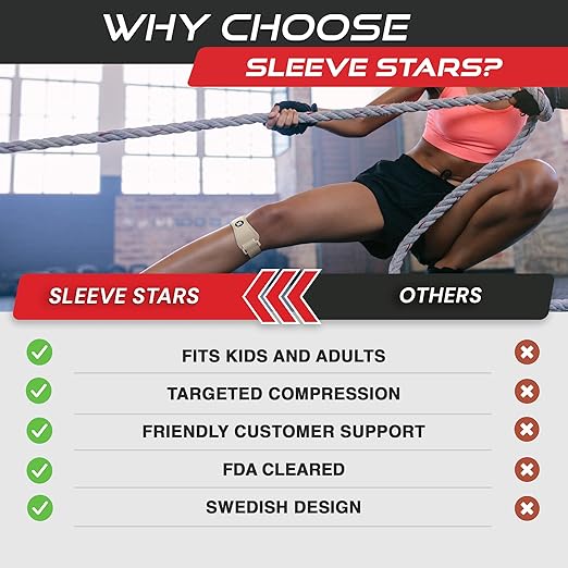 Sleeve Stars Swedish Brand Patellar Tendon Support Strap for Women & Men Effective Osgood Schlatter Knee Brace Youth & Kids Knee Brace with 3 Adjustable Length fits 12"-24" (Single/Beige/Adult)
