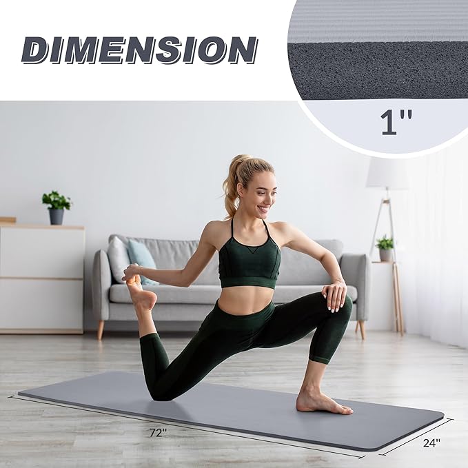 BalanceFrom 1-Inch Thick High-Density Exercise Yoga Mat, Non-Slip Workout Mat with Carry Strap for Men & Women, Ideal for Pilates, Stretching & Floor Exercises at Home or Gym, Multiple Color