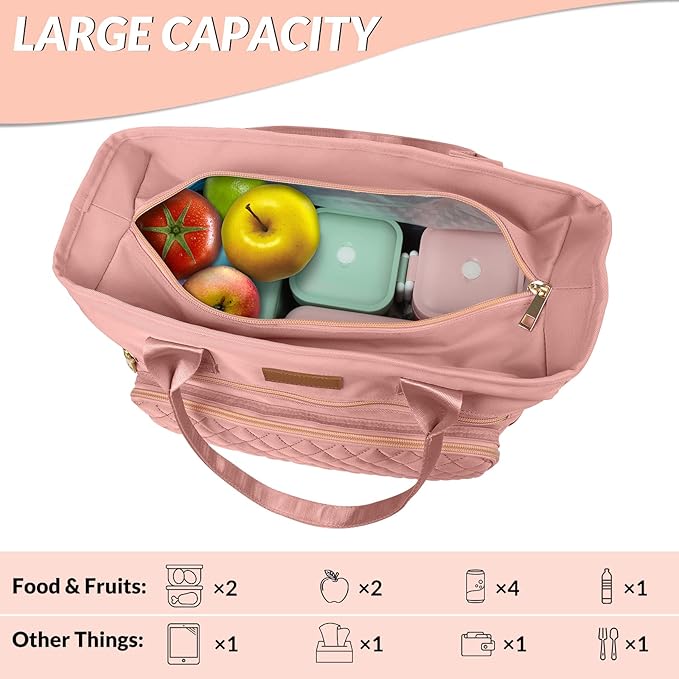 EASYA Large Women Lunch Bags for Work Insulated/Insulated Adult Lunch Box for Women/Nylon Thermal Lunch Bag for Women/Cooler Lunch Tote Bag (Pink color)