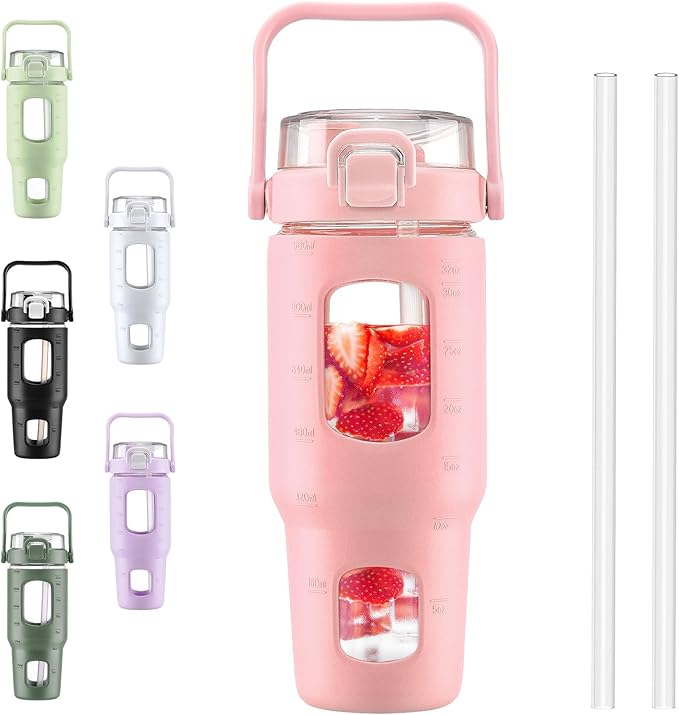 BLUEGO 32oz Glass Water Bottles with Straw Time Marker Half Gallon Large Motivational Water Bottle with Silicone Sleeve 2 Liter Large Glass Water Jug for Gym, Sports& Workout, Daily, Pink