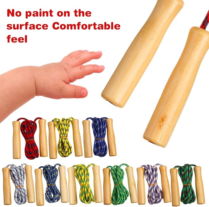 Shappy 24 Pcs Jump Rope Bulk 7.25 ft Adjustable Cotton Skipping Rope with Wooden Handle Braided Fitness Jumping Rope for Training Outdoor Exercise Fun Activity Party Favor