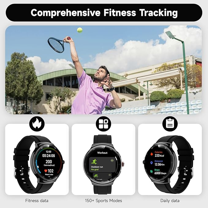 Smart Watches for Men Women, 1.43" AMOLED Fitness Tracker, Make/Answer Calls Digital Waterproof Smartwatch, 150+ Sports Mode, Heart Rate/SpO2/Sleep Monitor, Android & iOS Compatible, 2 Bands