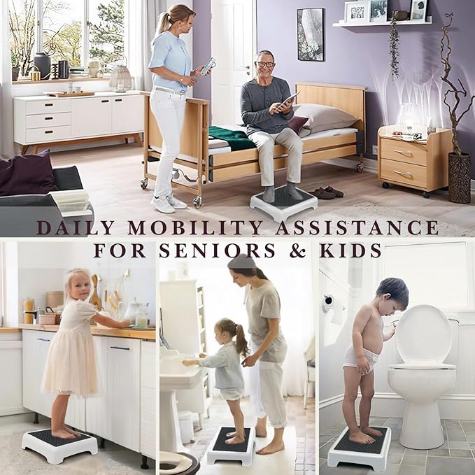 GWNF3.35'' Short Step Stool – 600lb Capacity Ultra-Sturdy Structure & Lightweight Step Stools for Seniors, Kids & Adult | Non-Slip Wide Platform | Mobility Step Stool for Indoor & Outdoor（White-Black）