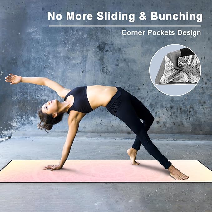 QiyI Yoga Mat Towel with Corner Pockets, Non Slip Sweat Absorbent Hot Yoga Towels, Soft Yoga Blankets with Travel Bag, Skidless Mat Cover for Workout, Gym, Fitness - 70"x26", Gradient Mandala