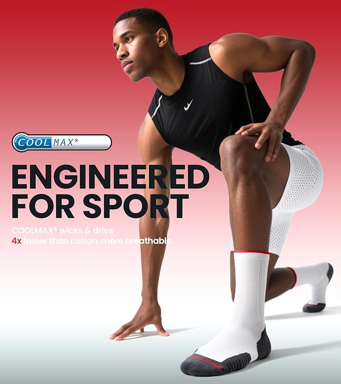 COOLMAX Performance Running Socks Men Women, Cushioned Crew Men's Athletic Socks Anti-Blister Moisture Wicking 3 Pack