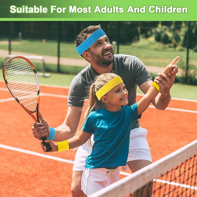 60 Pieces Sweatbands Set Includes 20 Sports Headband and 40 Wristbands Sweatbands Colorful Terry Cloth Wristbands for Working Out Tennis Gym 80s Sweat Band for Athletic Men and Women