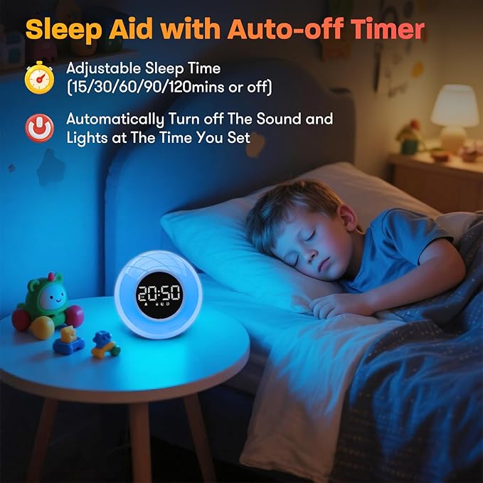 White Noise Sound Machine with 30 Soothing Sounds & 12 Colors Light, Sunrise Alarm Clock Wake Up Light, Adjustable Volume & Night Light, Timer, Ideal for Adults, Kids, Heavy Sleepers