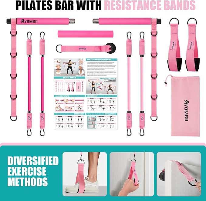 Pilates Bar Kit with Resistance Bands, Pilates Workout Equipment for Legs, Hip, Waist, Arm, Squats Exercise Equipment for Home Workouts, Adjustable 3-Section Pilates Bar Kit for Women & Men