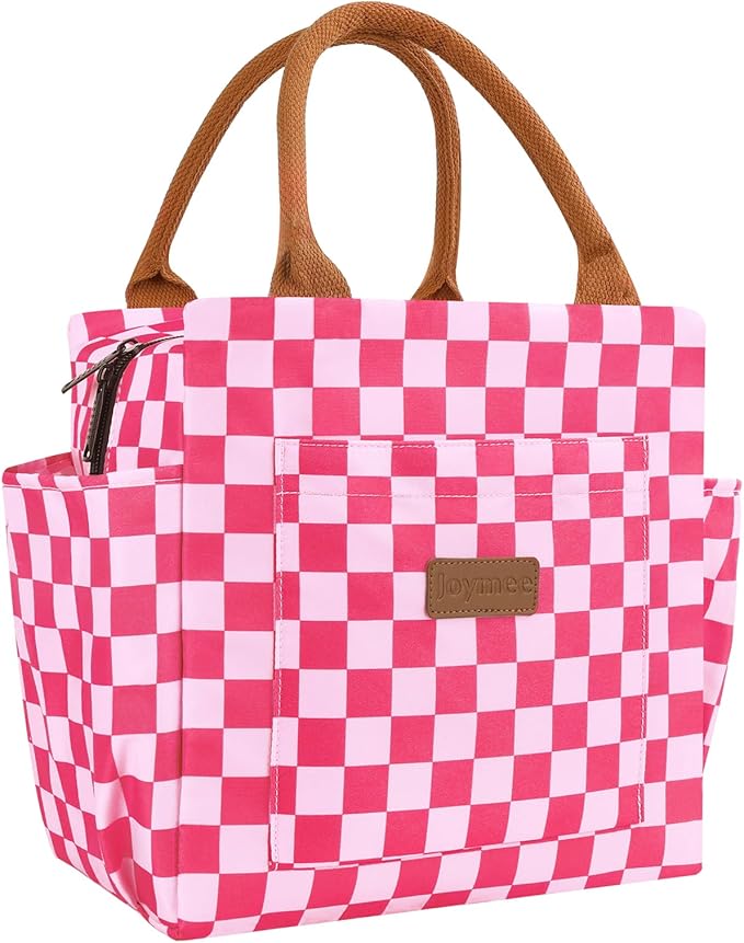Joymee Lunch Bag Women Insulated Lunch Box Reusable Leakproof Large Spacious Cooler Tote for Women Men Adult with Bottle Holder and Side Pockets for Work Office Travel Picnic - Checker Pink