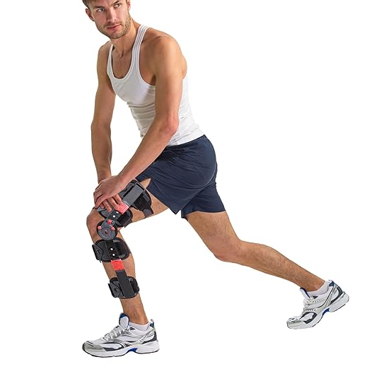Hinged ROM Knee Brace with Shoulder Strap Post Op Knee Immobilizer Adjustable Knee Support with Side Stabilizers Medical Knee Orthopedic Support for Men and Women, Left or Right Leg (Red)