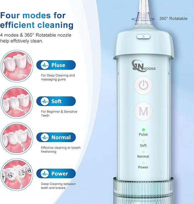 Mini Portable Water Flosser Oral Irrigator Water Teeth Cleaner Pick, Telescopic Water Tank, 4 Modes & IPX7 Waterproof, Home & Travel Water Flossers for Teeth, Braces Bridges Care. (Pearl Blue)