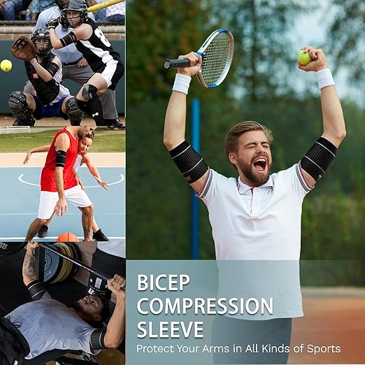 Bicep Tendonitis Brace for Pain Relief, Upper Arm Compression Sleeve for Men and Women, Bicep Compression Sleeve for Muscle Strain (Gray, Large)