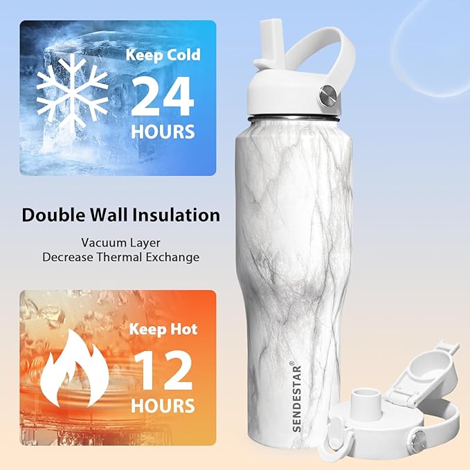 SENDESTAR 32oz Water Bottle Wide Mouth Stainless Steel Vacuum Insulated Double Wall with 2 Straw Lids Fit in Any Car Cup Holder TXIN-32-Marbling