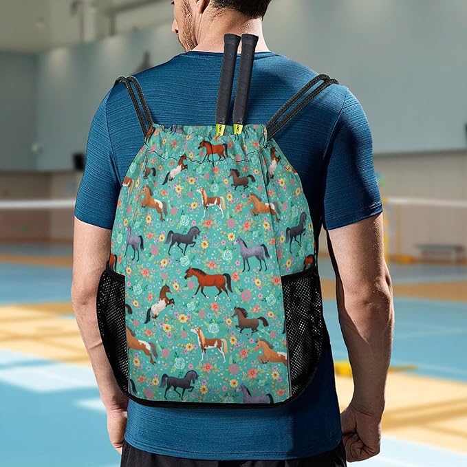 Horse Flower Drawstring Backpack Gym Bag With Shoe Compartment String Bag Sport Beach Swimming Sackpack For Women Men