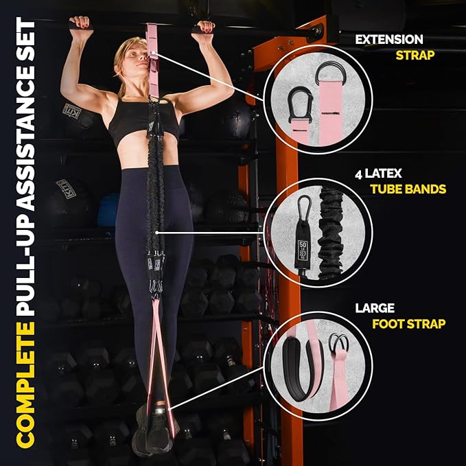 Pull Up Assistance Bands Set - 4 Heavy-Duty Pull Up Bands, Height Adjustable Strap & Comfortable Foot Strap - Stackable Pull Up Resistance Bands for Pull Ups