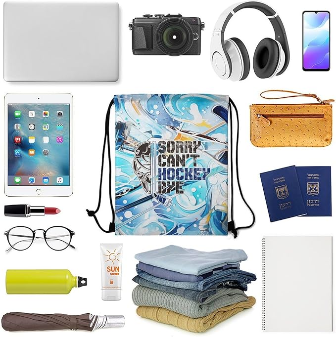 Hockey Drawstring Backpack - Cool Cinch Sack, String Backpacks for Kids Women Men Boys Girls for Gym Outdoor Sports Travel Athletic Drawstring Bag - Lightweight/Foldable