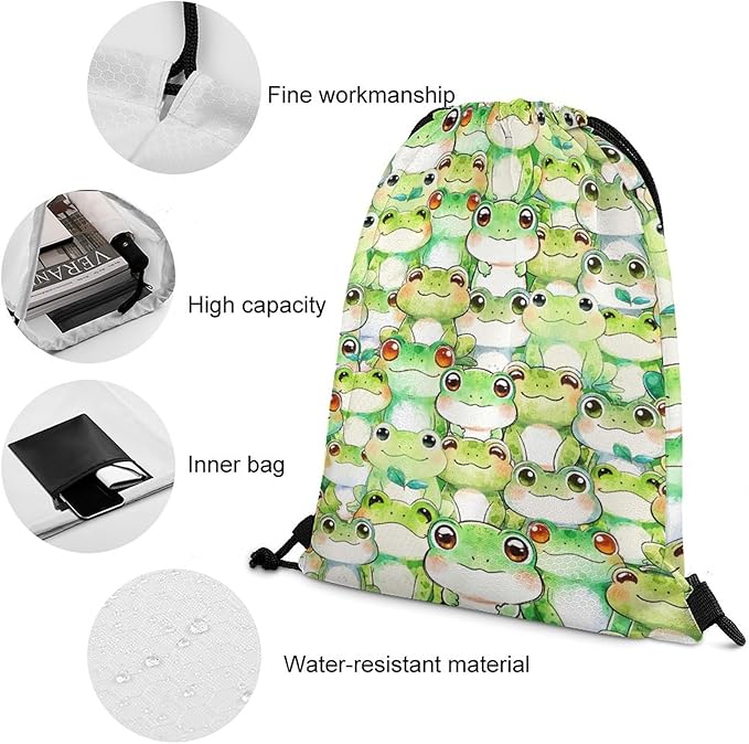 Frog Drawstring Backpack - Cute Cinch Sack, String Backpacks for Kids Women Men Boys Girls for Gym Outdoor Sports Travel Athletic Drawstring Bag - Lightweight/Foldable