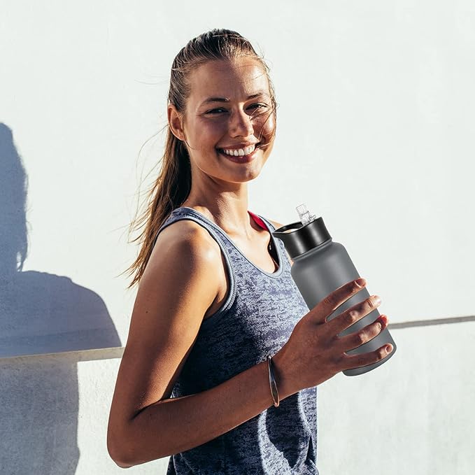 32 oz Insulated Water Bottle Bulk 8 Pack, Stainless Steel Sports Water Bottles with Straw Lid & Wide Mouth Lids, Double Walled Vacuum, Leak Proof, Gray