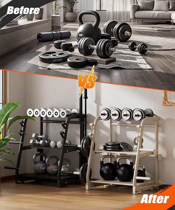 3-Tier Dumbbell Rack Stand Only - 700LB Heavy Duty Weight Storage Organizer with Thickened Steel Tube, Adjustable Weight Stand for Dumbbells, Barbells, Kettlebells, Black/Beige