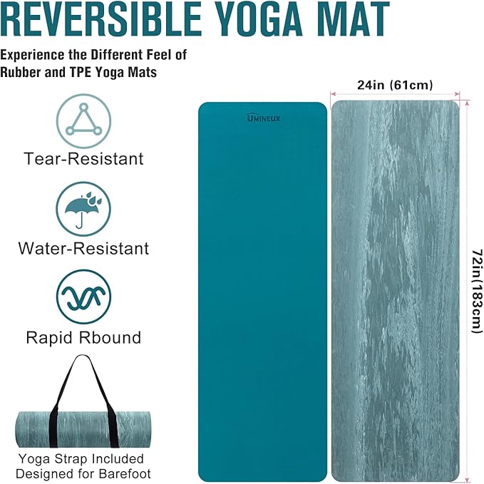 UMINEUX Extra Thick Yoga Mat, 2/5 Inch (10MM), Natural Rubber and TPE Non Slip Yoga Mats with Strap for Women Men, Eco Friendly Exercise Mat for Yoga, Pilates and Home Workout