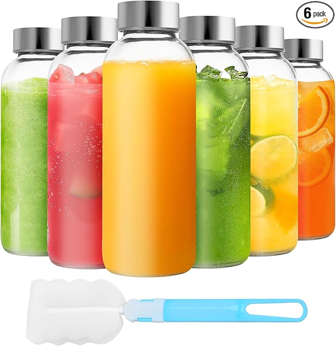 Set of 6 Clear Glass Water Bottles with Lid 26oz for Juicing Reusable Bottle Glass Cup with Stainless Steel for Juicing,Halloween Refrigerator 100% Leak Proof Drinking Jar, BPA Free