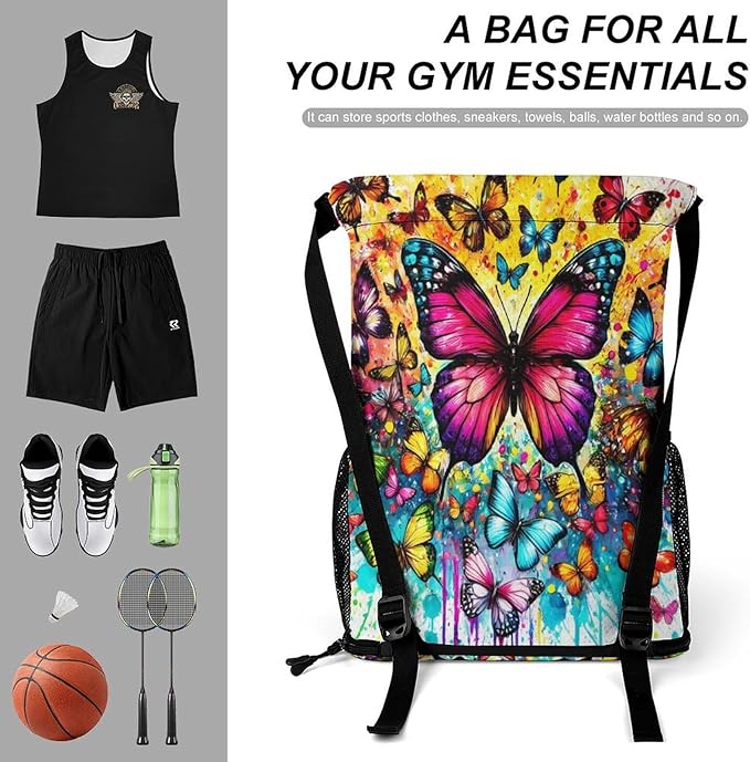 Custom Butterfly Drawstring Backpack - Cute Cinch Sack, String Backpacks with Pocket for Kids Boys Girls Women Men for Gym Outdoor Sports Travel Athletic Drawstring Bag - Lightweight/Foldable