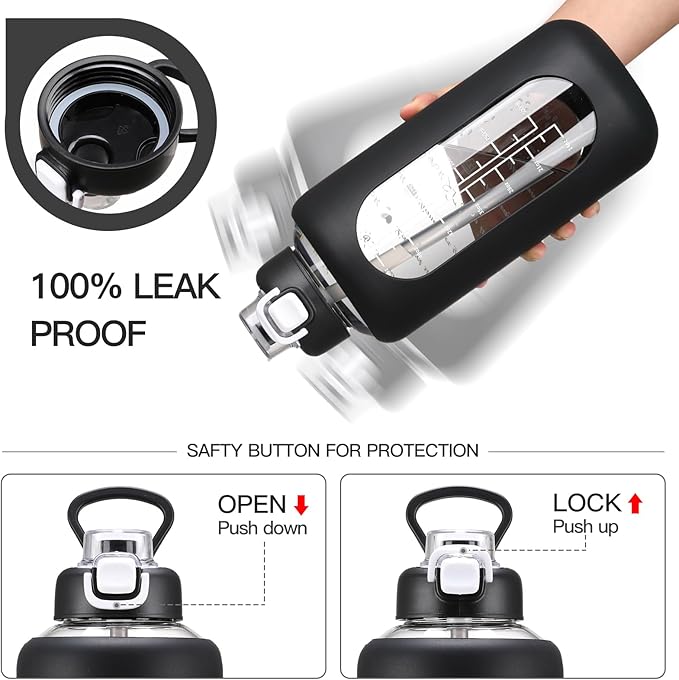 64 oz Glass Water Bolttles with Straw Half Gallon Large Motivational Water Bottle with Time Marker Sports Water Bottles with Silicone Sleeve and Handle Lid Water Jug for Gym Workout