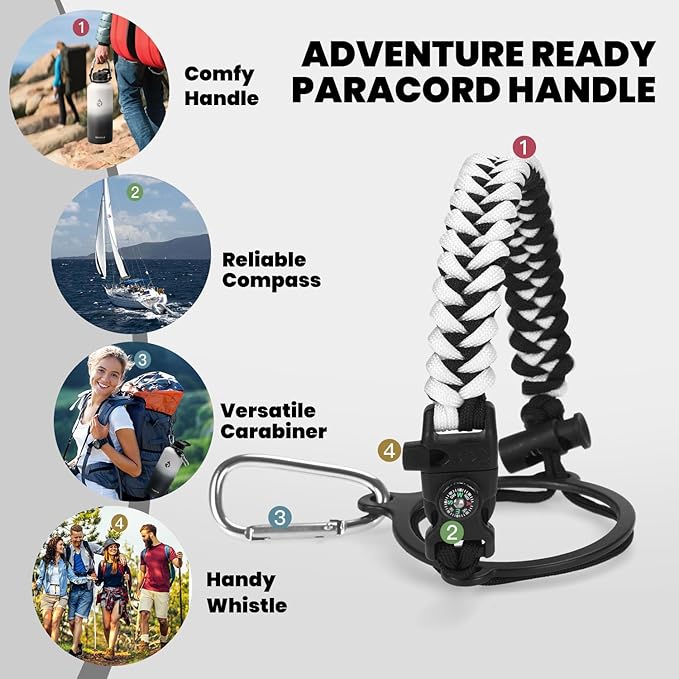 Insulated Water Bottle 87 oz, Triple Wall Vacuum Stainless Steel (Cold for 48 Hrs), Leak Proof & Non-BPA, Modern Water Flask Jug with Paracord Handle & Straw Spout Lids, Ombre: White/Black