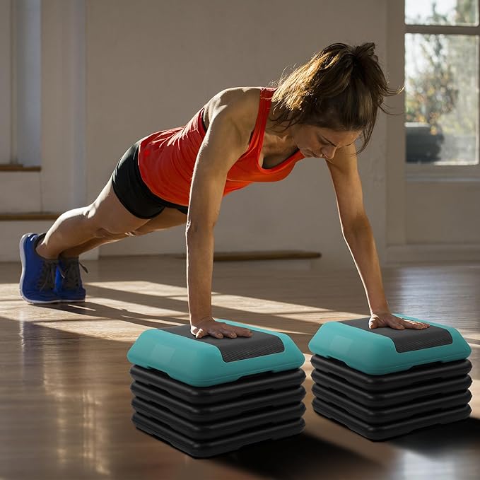 Fitvids Step Aerobic Platform, Exercise Step with 5 levels Adjustable Height, 4 Stackable Risers, Fitness Training Workout Stepper for Home Gym, Cardio Strength, Multiple Options