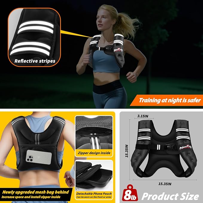 Weighted Vest Women & Men - 5lbs/8lbs/10lbs/12lbs/15lbs/20lbs/25lbs/30lbs Adjustable Weight Vest with Detachable Phone Pouch - Ideal for Rucking,Walking,Weight Loss,Training&Running