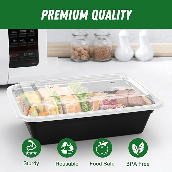 50 Pack (100-Piece) 38 oz Meal Prep Containers Reusable with Lids, Sturdy Leakproof & Food Safe, Microwave, Freezer, Dishwasher Safe Prep Containers, To Go Take Out Plastic Food Storage