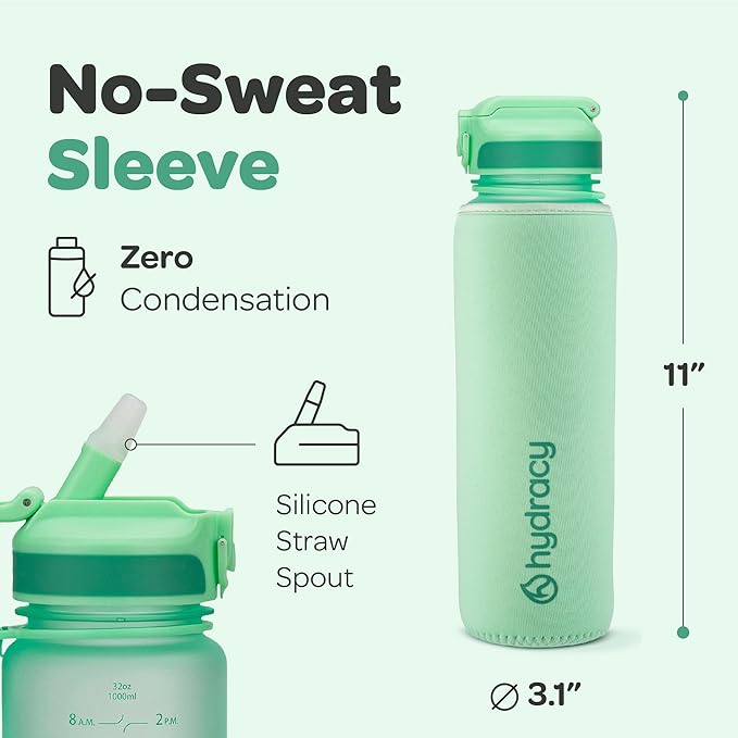 Hydracy Water Bottle with Time Marker -Large BPA Free Water Bottle & No Sweat Sleeve -Leak Proof Gym Bottle with Fruit Infuser Strainer & Times to Drink -Ideal for Fitness Sports & Outdoors