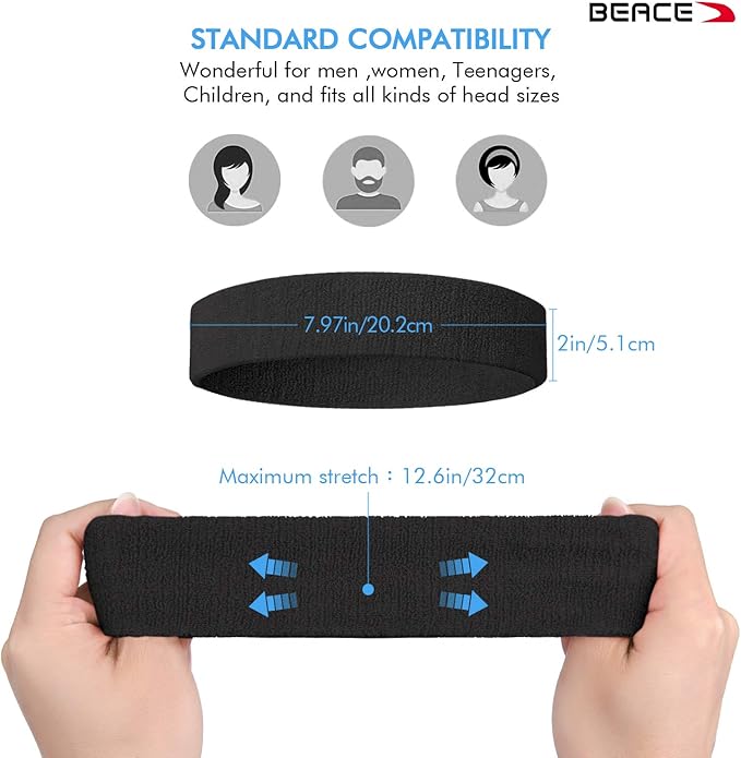 BEACE Sweatbands Sports Headband for Men & Women - 6PCS Moisture Wicking Athletic Cotton Terry Cloth Sweatband for Tennis, Basketball, Running, Gym, Working Out