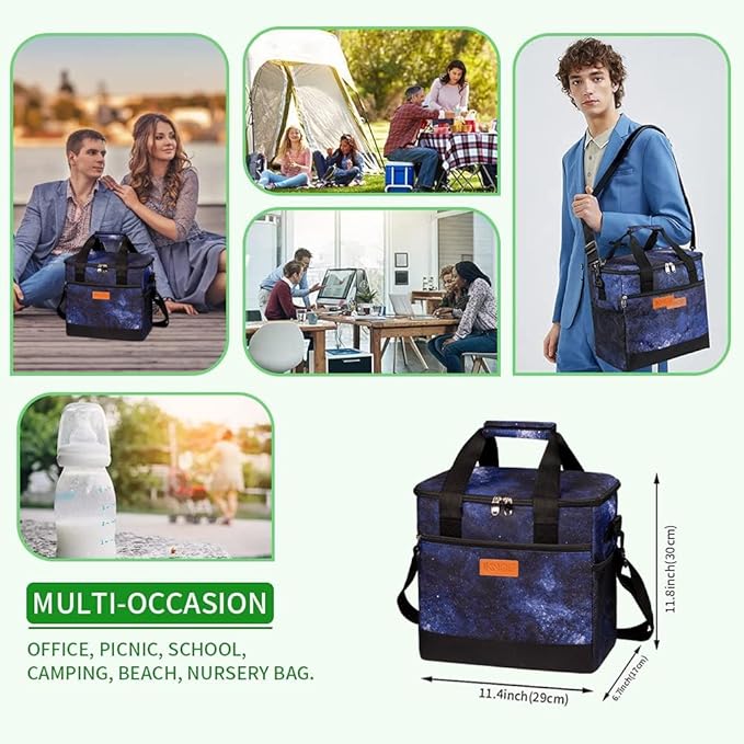 iknoe Large Cooler Bag Collapsible, 15L Insulated Bags, Leakproof Lunch Cooler Tote with Multi-Pockets for Adult, Insulated Lunch Box for Beach, Picnic,Work, Galaxy