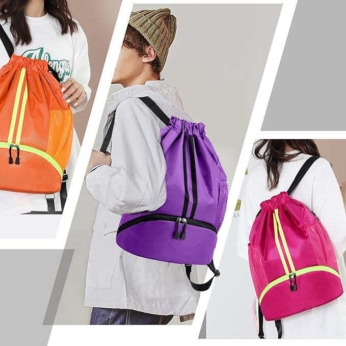 Hoedia Sports Drawstring Backpack - String Swim Gym Bag with Shoes Compartment and Wet Proof Pocket for Women and Men
